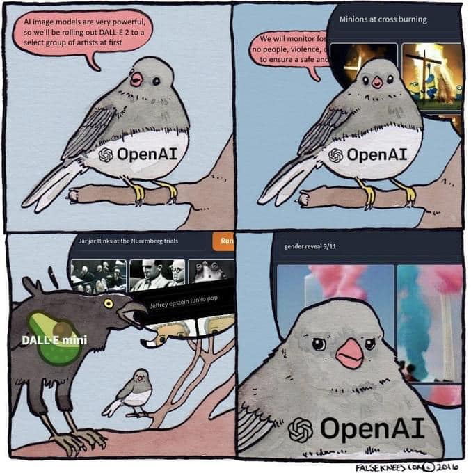 This meme is a comic strip featuring a bird with a speech bubble explaining that AI image models are powerful, and the bird then uses DALL-E to create a disturbing image. The image shows a bird's head with a grotesque, distorted face, and the text "DALL-E mini" is overlaid on it. The bird's speech bubble reads "We will monitor for...".